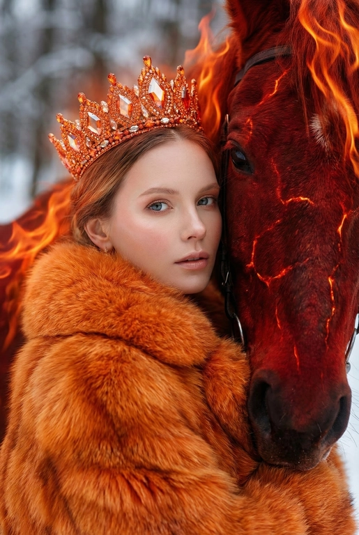   Высокофэшн Vogue editorial fantasy портрет крупным планом, воссоздающий сцену максимально точно. Интимный, плотный кадр от плеч и выше. Женщина слегка повернута в три четверти к камере, с спокойным, эфирным выражением лица и прямым, притягательным взглядом. Она нежно прижимается к шее величественного огненного коня, их лица расположены очень близко друг к другу в пределах кадра. На ней роскошная оранжевая меховая шуба с богатой, густой текстурой и выраженным объёмом, заполняющим передний план кадра. Мех выглядит мягким, дорогим, глубоко проработанным. На голове - эффектная оранжевая корона, инкрустированная сверкающими кристаллами с зеркальными гранями, которые ловят и преломляют огненный свет. Редакционный макияж подчёркивает сияющую фарфоровую кожу, лёгкий румянец и естественные губы. Конь изображён как живое воплощение огня: глубокие багряно-красные оттенки, светящиеся раскалённые трещины на коже, грива из струящихся языков пламени, частично видимая рядом с её лицом. Интенсивный тёплый оранжево-красный огненный свет освещает корону, мех и черты лица, создавая резкий контраст с холодными, приглушёнными оттенками заснеженного зимнего леса на мягко размытом заднем плане. Кинематографичный свет сочетает огненные блики и холодные рассеянные тени. Ультрамалая глубина резкости изолирует лица, усиливая ощущение близости. Мифическая сказочная элегантность, союз моды и фэнтези. Ультрадетализированная реалистичная фотография, качество обложки модного журнала. Съёмка на высококлассную среднеформатную камеру, объектив 85 мм, диафрагма f/1.8. Кинематографичная цветокоррекция. Без текста, без логотипов, без водяных знаков.