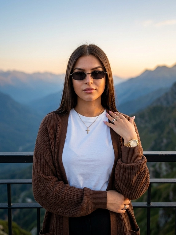 Фотореалистичная fashion-съёмка на природе, ultra realistic, высокая детализация кожи, натуральная текстура пор, реалистичная проработка ткани, профессиональная цветокоррекция, cinematic lighting, высокая резкость, мягкая глубина резкости. Женщина стоит на смотровой площадке в горах, камера расположена фронтально на уровне груди, средний план до бёдер. Композиция вертикальная, модель находится в центре кадра, за её спиной открывается панорамный вид на горные хребты. Поза спокойная и уверенная: корпус направлен к камере, плечи расслаблены, одна рука опущена вдоль тела, другая поднята к плечу, создавая элегантную позу, взгляд направлен в камеру. Одежда в лёгком casual-luxury стиле: белый спортивный топ-бандо без рукавов, подчёркивающий талию, свободные белые брюки с мягкой тканью и завязками на поясе, сверху лёгкий длинный кардиган или накидка тёплого шоколадно-коричневого оттенка с широкими рукавами. на руке золотые часы и аккуратные кольца на пальцах, маникюр светлый розово-нюдовый. Макияж аккуратный и гламурный: ровный тёплый тон кожи, лёгкий бронзер, выразительные брови, длинные ресницы, нюдово-розовые губы с мягким матовым эффектом, кожа выглядит гладкой, естественной и детализированной. Освещение яркое естественное — тёплый солнечный свет падает сбоку и немного спереди, подчёркивает контуры лица и складки одежды, свет создаёт мягкие тени и усиливает глубину пейзажа. Фон — масштабный горный пейзаж с несколькими слоями горных хребтов, покрытых лесом, уходящих в голубую атмосферную дымку, на переднем плане чёрное металлическое ограждение смотровой площадки, небо чистое насыщенно-голубое. Цветовая палитра: глубокий голубой, природные зелёные и серо-синие оттенки гор, белый, тёплый коричневый, чёрный. Контрастная, но натуральная цветокоррекция, высокая фотореалистичность, детализированная кожа, реалистичная текстура ткани и природного ландшафта, стиль современной travel-fashion фотографии.


Очки: Аксессуары: узкие тёмные солнцезащитные очки с тонкой металлической оправой, 

Доп. характеристики: Вместо топа футболка белая,на фоне заката