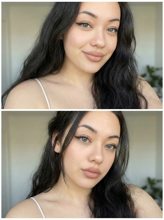   Это изображение представляет собой вертикальный коллаж из двух очень похожих селфи, снятых крупным планом, вероятно, для демонстрации макияжа или выражения эмоций.
Общие черты (для обоих кадров):
•  Модель: Молодая женщина лет с очень длинными темными волосами, которые собраны назад или свободно спадают за плечи.
•  Макияж: стрелки, длинные нарощеннные ресницы, легкий румянец, хайлайтер.
•  Глаза: Выразительные, серо-голубые. Главный акцент — на ресницах, которые очень длинные, густые и подкрученные (вероятно, наращенные или сильно накрашенные тушью), создающие эффект «паучьих лапок» или «кукольных глаз».
•  Губы: Полные, покрыты матовой помадой нюдового, приглушенного коричнево-розового оттенка.
•  Одежда: Видна тонкая белая бретелька топа или майки.
•  Фон: Нейтральный, светл...
