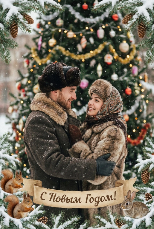   создай новогоднюю фотографию в стиле советского фильма: лица максимально похожи на исходное фото, на улице, в старой зимней одежде (пальто/шуба с меховым воротником, меховая шапки из ондатры или норки). Идёт снег. На фоне размытая украшенная советскими стеклянными игрушками ёлка с гирляндами и тёплыми огоньками. Внизу бежевая декоративная лента с надписью. Рамка по краям из еловых веток со снегом, добавить шишки, белочек и зайчиков. Атмосфера уюта и ностальгии, мягкие кистевые мазки, тонкая плёночная зернистость, мягкая глубина резкости. Надпись на ленте: "С Новым Годом!"