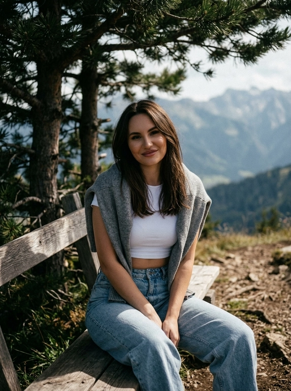 Экстремально крупный план по пояс. Модель днём сидит на лавочке под деревом на горе. Одета в короткий белый топ и светлые джинсы оверсайз, на плечи накинут серый свитер. Фото слегка смазанное. Кинематографический эффект с добавлением зерна. С лёгкой улыбкой. Кожа идеальная, подсвеченная. Не меняй черты лица. Фото затемнено.