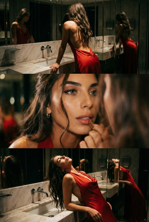 Создай не меняя черты лица. Экстремально реалистичный кинематографичный триптих, как живая серия фотографий из Instagram, снятая в зеркальном туалете дорогого ресторана. Вечер, интимная атмосфера, отражения в зеркалах, приглушённый свет, ощущение роскоши и ускользающего момента. Весь триптих объединён одним образом и единым настроением, с лёгким зерном, как будто кадры сняты в движении, естественно. В верхней части женщина стоит спиной облокотившись на раковину рукой, лицо в тени спина освещена, в отражениях зеркал видна её фигура, на ней одно и то же красное платье с открытой спиной, ткань струится и выглядит дорого, чувственно. Свет мягко скользит по плечам и линии спины, создавая глубокие тени и драматичный силуэт. В средней части экстремально близкий ракурс лица через зеркало, женщина смотрит на своё отражение и поправляет помаду, жест живой и естественный. Лицо частично в фокусе, частично слегка размыто, ощущение движения и дыхания кадра. Пышные ресницы, выразительный взгляд, блики света в зеркале, локоны из пучка падают на лицо, добавляя интимности. В нижней части девушка запрокинула голову и облокотилась о раковину, глаза закрыты, поза расслабленная, уязвимая, словно она на секунду выпала из шумного вечера. Платье то же самое, красное, ткань ловит приглушённый свет, усиливая глубину цвета и теней. Во всех кадрах приглушённое освещение, cinematic lighting, мягкие тени, отражения зеркал, лёгкое зерно и небольшой motion blur без резкой чёткости и глянца. Цвета глубокие, насыщенные, но сдержанные. Общий стиль ультрареализм, кинематографическая эстетика, эффект настоящего Instagram-триптиха, ощущение пойманного момента, живо, чувственно и очень реалистично, как кадры из личного архива.
Не меняй черты лица. Очень длинные изящные волнистые волосы, несколько локонов свободно падают на лицо и шею. 