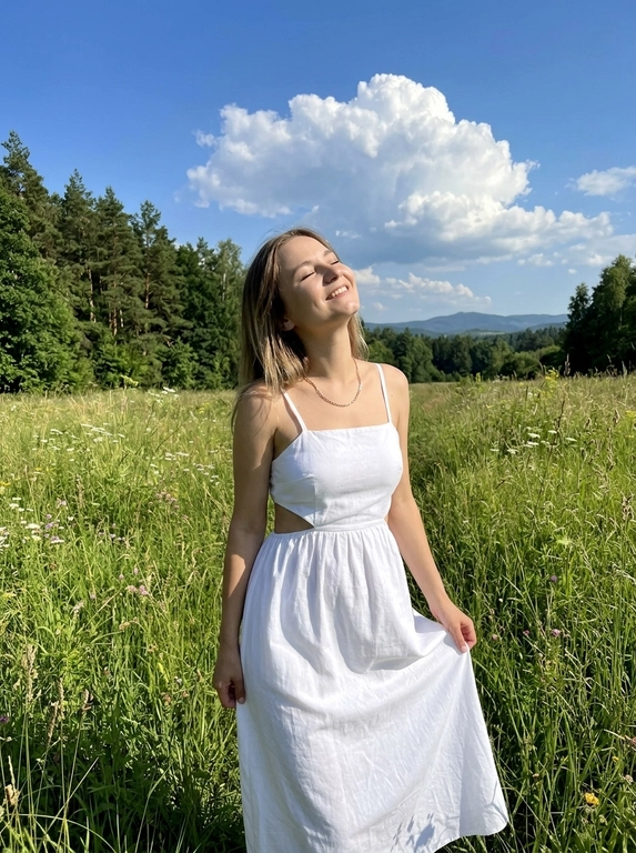 Фотореалистичное фото как из Pinterest, снято на заднюю камеру смартфона , обычный режим, без портретного режима, вертикальный кадр , натуральная экспозиция, реалистичная резкость смартфона, лёгкое естественное зерно. Без ИИ‑ретуши, без ИИ‑масок, без «пластика», без замыливания, без бьюти‑фильтров, без HDR, без агрессивного шумоподавления , видна естественная текстура кожи, ткани и травы. 
Локация: летний луговой склон с высокой зелёной травой и белыми полевыми цветами , слева тёмная кромка леса, густые деревья, вдали небольшой холм. Над головой яркое синее небо с крупным объёмным белым кучевым облаком, солнечный день.
Свет: жёсткий дневной солнечный свет сверху или сбоку, контрастные тени на траве, выраженные солнечные блики на плечах и ключицах, без пересветов.
ракурс: съёмка с уровня талии или чуть ниже, средний план примерно от середины бёдер и выше с большим количеством неба в кадре, акцент на фигуре на фоне облаков. Фокус на модели, фон слегка мягкий и  естественный, без искусственного боке.
Поза: модель стоит в траве, голова запрокинута вверх, глаза закрыты, лицо повернуто к солнцу, расслабленное мечтательное настроение. Одна рука держит край юбки, вторая опущена вдоль бедра. Минималистичные украшения: тонкая цепочка с небольшим кулоном.
Естественный макияж, натуральная кожа без глянца и без сглаживания. 

Какое будет платье?: На модели белое современное платье миди с аккуратными боковыми вырезами на талии: закрытый минималистичный лиф, тонкие бретели, подчёркнутая талия, свободная юбка, чистый летний fashion-крой.