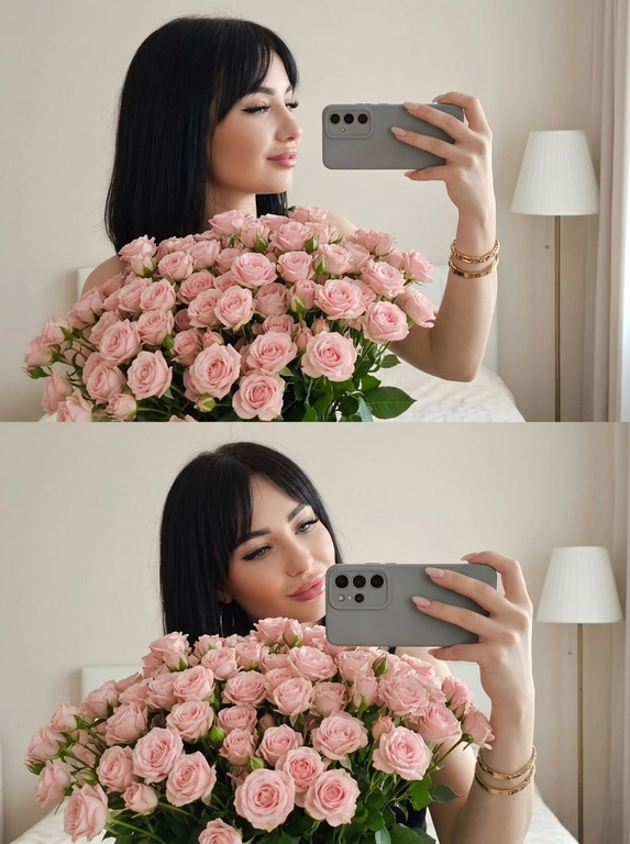 Коллаж из двух фотографий, формат 9:16, стиль селфи в зеркале. Эта женщина, аккуратный макияж с акцентом на глаза (четкая подводка, длинные ресницы), блестящие губы. В кадрах доминирует огромный, густой букет нежно-розовых кустовых роз.
Верхний кадр: ракурс сбоку, легкая улыбка, женщина держит телефон горизонтально, видны золотые браслеты.
Нижний кадр: фронтальный ракурс, женщина в основном скрыта за букетом, кокетливо выглядывает; женщина горизонтально держит современный смартфон в сером чехле с тройной камерой в центре.

Светлая минималистичная комната. На заднем плане размытая прикроватная лампа с мягким нейтрально-белым светом, светлая бежевая стена, часть кровати или мягкой мебели вне фокуса. Освещение мягкое, рассеянное, без желтизны, эстетика роскошного образа жизни в стиле Instagram/Pinterest, женственная и нежная атмосфера.