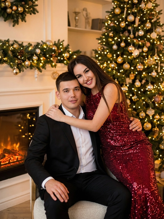   Мужчина на фоне новогодней елки и многочисленных гирлянд в черном костюме и белой рубашке - сидит у камина , а рядом стоит и обнимает его девушка в красном платье длинном с пайетками  , с красивой фигурой , улыбается 