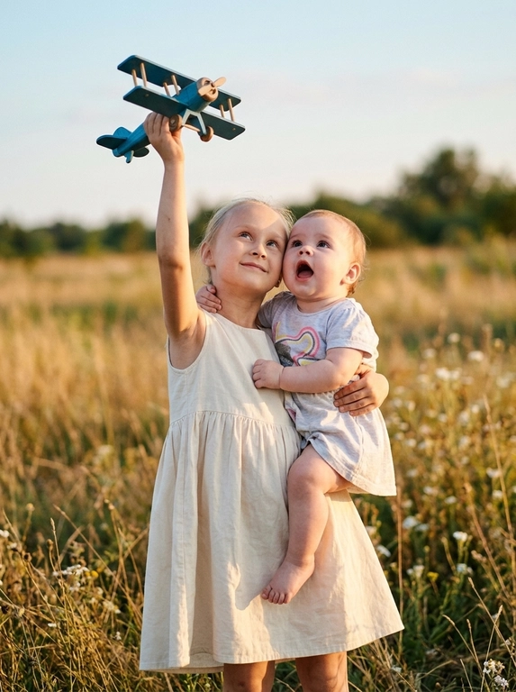 Это кадр из теплой и нежной фотосессии, сделанной на природе, возможно, в поле или лугу. Цветовая гамма – мягкая, золотистая, с преобладанием теплых пастельных оттенков, создающих атмосферу уюта и безмятежности. Общее впечатление – трогательное и светлое.

В центре внимания – два ребенка. Первый ребенок стоит немного сбоку и прижимается к другому ребенку, который обнимает его одной рукой. Второй ребенок смотрит вверх, подняв другую руку, в которой держит игрушечный самолет. Лица детей выражают радость и предвкушение.

Если ребенок - мальчик то на нем надета рубашка светлого оттенка с закатанными рукавами. Если ребенок девочка, то на ней надето легкое платье светлого оттенка с короткими рукавами и юбкой А-силуэта. Ткань выглядит мягкой и приятной на ощупь. Их одежда выглядит простой и удобной, что соответствует общей атмосфере естественности и беззаботности.