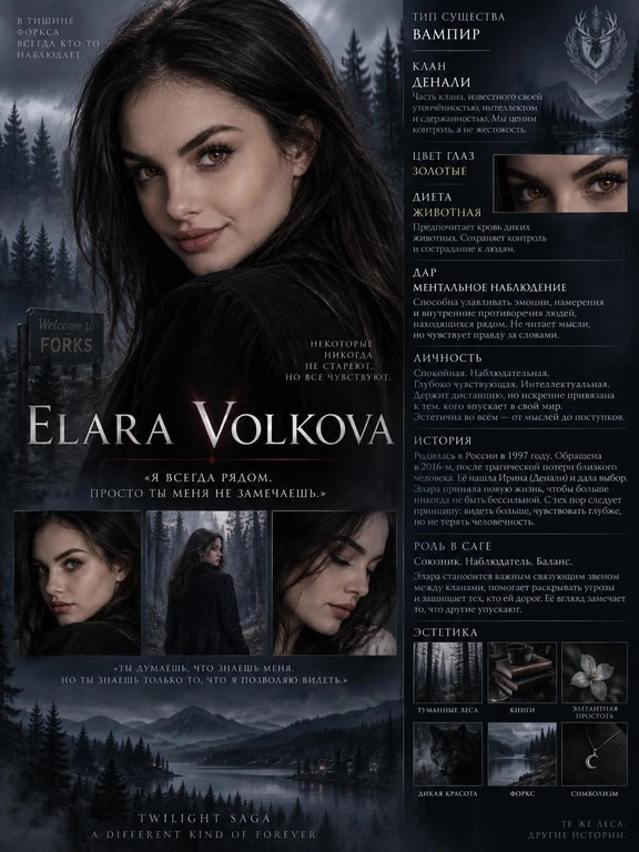 Создай cinematic character
poster в стиле официальных
фильмов Twilight Saga: мрачная атмосфера, лес Форкса, туман, холодная цветокоррекция и драматичный свет.
На постере текстом и визуально должны быть:
1. тип существа,
2. имя (не должно совпадать с именами героев канона) и фамилия персонажа,
3. описание личности,
4. история,
5. способности (если есть),
6. цвет глаз (если изменен, и отрази это во внешности)
7. клан/стая,
8. роль в саге,
9. эстетика персонажа,
Используя моё фото, создай образ персонажа и оформи результат как character dossier с инфографикой и в стиле
Twilight Saga.
1. Вампир: спокойствие, наблюдательность, эмоциональная глубина, интеллект, внутренняя дистанция и эстетичность.
2. Оборотень: эмоциональность, энергия, импульсивность, защитный характер, преданность и лидерство.
3. Человек: реалистичность, человечность, адаптивность, искренность и влияние на сюжет без сверхсил.
Если выбран вампир - укажи: клан, дар, историю обращения, диету и цвет глаз по канону («золотые» при животной диете, «красные» при человеческой).
Если выбран оборотень - укажи: стаю, роль в стае и историю первого обращения. У оборотней нет дара.
Если выбран человек - укажи: историю. всё на русском языке