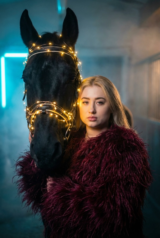 Создай крупный портрет, не меняя черты лица. Фотография в стиле высокой моды. Женщина, одетая шубу из пера страуса. Она стоит рядом с вороной лошадью, которая полностью обвита светящимися теплым светом гирляндами. Гирлянда также идет поверх узды.  Освещение драматичное, кинематографичное, с  неоновым свечением и легкой дымкой на заднем плане в конюшне . Высокая детализация, 8k, профессиональная съемка. Лицо девушки освещено мягким теплым светом. Глубокие тени, туман, мистическая и сюрреалистичная атмосфера. Фото на камеру 35mm, малая глубина резкости. Цвет шубы - бордовый