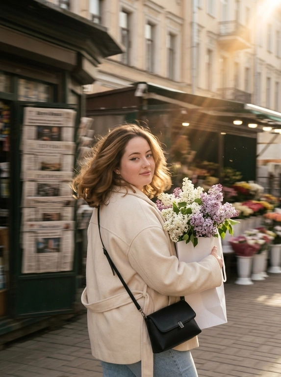 Создай фото, не меняя черты лица и цвет волос. Фотореалистичный уличный кадр, высокая детализация. Фон — старый киоск с газетами, здания, цветочные киоски. Кинематографический эффект с добавлением плёночного зерна, фото на камеру Kodak. Освещение — карамельные оттенки, тёплые солнечные лучи; лёгкая пыльца отражается в лучах света. Весенний день. Модель повернута чуть спиной к камере, с лёгким поворотом головы в сторону камеры, без искажений её черт лица; взгляд на букет кокетливый. На руке у неё висит белый бумажный пакет; из пакета выглядывают пышные соцветия белой и сиреневой сирени — их много, очень объёмные шапочки. Одежда — элегантное оверсайз-пальто кремового цвета со спущенным плечом и лацканами на плечах и рукавах, светло-голубые джинсы и белая облегающая майка. Ракурс — уровень улицы, чуть заниженный угол, чтобы подчеркнуть масштаб фотографии. Фото в движении: намеренное смазывание волос для ощущения динамики. Эффект движения максимальный — сверхдлинная выдержка, экстремальный motion blur, сильное смазывание. Макияж — длинные ресницы, нюдовые губы, контуринг, чёрные стрелки. Общий тон кадра — романтичная, задумчивая и элегантная атмосфера, лёгкая полуулыбка на лице; фотореализм, высокое разрешение.