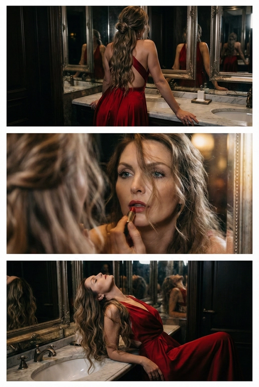 Создай не меняя черты лица. Экстремально реалистичный кинематографичный триптих, как живая серия фотографий из Instagram, снятая в зеркальном туалете дорогого ресторана. Вечер, интимная атмосфера, отражения в зеркалах, приглушённый свет, ощущение роскоши и ускользающего момента. Весь триптих объединён одним образом и единым настроением, с лёгким зерном, как будто кадры сняты в движении, естественно. В верхней части женщина стоит спиной облокотившись на раковину рукой, лицо в тени спина освещена, в отражениях зеркал видна её фигура, на ней одно и то же красное платье с открытой спиной, ткань струится и выглядит дорого, чувственно. Свет мягко скользит по плечам и линии спины, создавая глубокие тени и драматичный силуэт. В средней части экстремально близкий ракурс лица через зеркало, женщина смотрит на своё отражение и поправляет помаду, жест живой и естественный. Лицо частично в фокусе, частично слегка размыто, ощущение движения и дыхания кадра. Пышные ресницы, выразительный взгляд, блики света в зеркале, локоны из пучка падают на лицо, добавляя интимности. В нижней части девушка запрокинула голову и облокотилась о раковину, глаза закрыты, поза расслабленная, уязвимая, словно она на секунду выпала из шумного вечера. Платье то же самое, красное, ткань ловит приглушённый свет, усиливая глубину цвета и теней. Во всех кадрах приглушённое освещение, cinematic lighting, мягкие тени, отражения зеркал, лёгкое зерно и небольшой motion blur без резкой чёткости и глянца. Цвета глубокие, насыщенные, но сдержанные. Общий стиль ультрареализм, кинематографическая эстетика, эффект настоящего Instagram-триптиха, ощущение пойманного момента, живо, чувственно и очень реалистично, как кадры из личного архива.
Не меняй черты лица. Очень длинные изящные волнистые волосы, несколько локонов свободно падают на лицо и шею. 