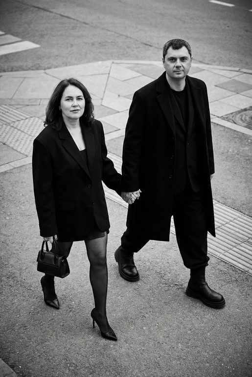 Черно-белая художественная фотография, ультрареализм, 8K, профессиональная съёмка; (оба): в кадре мужчина и женщина; каждый персонаж жёстко привязан к своему загруженному референсу, лица используются напрямую, без генерации, усреднения, подмены или смешения. Вид сверху под углом. Они идут по городской улице, держась за руки; шаг в движении, эффект «пойманного кадра». Смотрим вверх в камеру, выражение спокойное, уверенное, отстранённое.
Полностью чёрные образы modern classic: женщина — оверсайз-пиджак, короткое платье/юбка, плотные колготки, остроносые каблуки, маленькая сумка; мужчина — длинное пальто, свободный костюм, массивные ботинки.
Фон: асфальт, плитка, тактильная дорожка, геометрия.
Контрастный свет, мягкие тени, высокая детализация тканей.
Стиль: black & white, cinematic, high fashion, editorial, minimalism, street photography.
Качество: ultra high resolution, sharp focus, film grain, без ретуши.