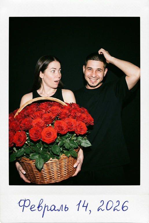Винтажная фотография в стиле Polaroid, снятая на 35mm плёнку в начале 2000-х годов, со вспышкой. Девушка и мужчина на фоне сплошного чёрного фона.
На девушке чёрный топ. Она держит огромную плетёную корзину, наполненную крупными красными розами. На её лице — выражение удивления, она смотрит на мужчину.
Мужчина одет в свободную чёрную футболку, с легкой улыбкой почесывает голову и смотрит прямо в камеру.
Герои хорошо освещены вспышкой камеры, ракурс прямой, средний план. Внизу, на белой рамке Polaroid, синей ручкой от руки написано: «».
Аутентичное зерно плёнки, высокий контраст. Внизу, на белой рамке Polaroid, синей ручкой от руки написано: «Февраль 14, 2026».