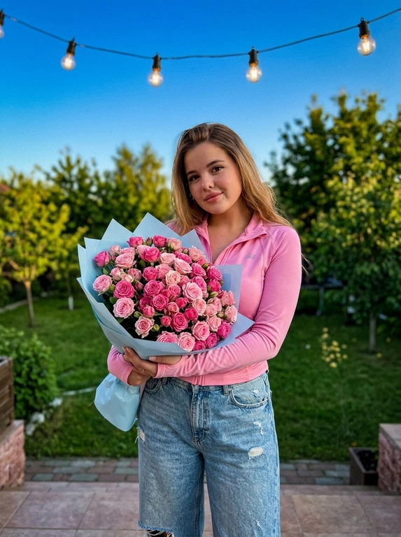 Фотореалистичный снимок модели в полный рост, стоящей на террасе. Она держит в руках огромный, невероятно пышный букет. Букет завернут в светло-голубую упаковочную бумагу. Модель смотрит прямо в камеру с мягкой, немного застенчивой мягкой улыбкой. 
На ней нежно розовый спортивный лонгслив на замке слегка расстёгнутый,
с длинными рукавами,светло голубые свободные джинсы с потертостями. Задний план представляет собой зеленый сад с деревьями и кустарниками. Над ней видна гирлянда с теплыми лампочками, которые создают уютное освещение и красивые блики. Небо имеет глубокий синий оттенок. Освещение смешанное: мягкий естественный свет вечера и теплый искусственный свет от гирлянды, что создает романтичную, сказочную и очень теплую атмосферу.
Фото в золотой час и кинематографический эффект с добавлением зерна.
Стиль RAW.

Какие будут цветы?: В руках из розовых кустовых роз разных оттенков — от нежно-розового до насыщенного малинового.