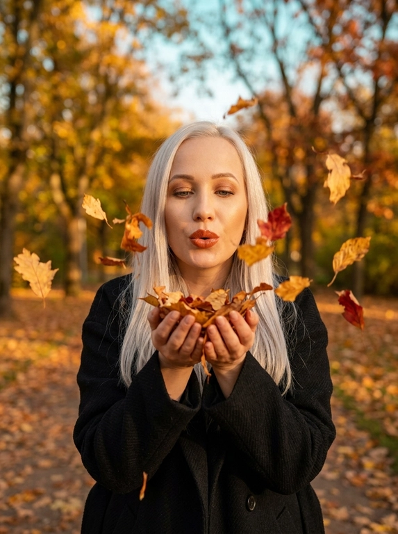 Ультра-реалистичная, высокодетализированная фотография, снятая на Canon EOS R5 с малой глубиной поля. Та же модель держит на раскрытых ладонях небольшую горсть сухих осенних листьев и нежно дует на них в сторону камеры, отправляя их в полёт и рассыпая по воздуху. Выражение лица спокойное, тёплое и радостное, передающее волшебное, ностальгическое осеннее настроение, глаза слегка прикрыты или мягко сфокусированы в момент выдоха.

На модели модное, стильное пальто из коллекции моды осень 2026, цвета в мягком оттенке глубокого черного цвета  , тонко отражающее естественный свет , уютная ткань подходящая для осени с лёгкой текстурой. Пальто слегка оверсайз.

Если модель - взрослая женщина, то ее макияж сияющий и тёплый: золотистый хайлайтер на скулах, тёплые бронзово-терракотовые тени для век, чётко очерченные брови, глянцевые янтарно-терракотовые губы, создающие эффект "поцелованной солнцем" осенней кожи.

На фоне — красивый осенний парк: золотистые и оранжевые деревья, мягко светящиеся в тёплых солнечных лучах,  (без пересветов и засветов) опавшие листья на земле, растворяющиеся в мягком сливочном боке. Сквозь ветви деревьев видны бирюзовые тона оснннего неба 

Освещение кинематографичное, мягкое и окутывающее — тёплый свет golden hour подчёркивает текстуру кожи, детали ткани и прозрачное качество летящих листьев, застывших в воздухе.

Атмосфера кажется мечтательной, ностальгической и радостной, с ощущением тихого осеннего волшебства, застывшего в воздухе, листья замерли в полёте вокруг её рук и лица.