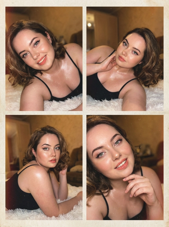     Зернистый четырехпанельный коллаж в винтажном стиле с одноразовой пленочной камерой со вспышкой. Обязательно: не меняйте внешность женщины - точно передайте и сохраните ее лицо с эталонной фотографии, сохраняя черты лица, пропорции, Гламурный макияж глаза с длинными черными стрелками, длинные густые ресницы эффект лучики, Хайлайтер во внутренних уголках и скулах. Пухлые губы, с блеском.  Тело подсвечено  хайлайтером .
Каждая панель представляет собой селфи-портрет крупным планом, снятый с помощью жесткой прямой вспышки на камере. Женщина изящного стройного телосложения (рост 173, вес 50 кг) лежит на мягкой белой поверхности из искусственного меха в приглушенном, уютном интерьере. Она одета в черную майку с тонкими бретельками.
Ее волосы прямые блестящие.
Каждая панель представляет собой...
