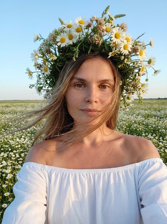 Женщина делает селфи. На ней белое легкое платье с открытыми плечами, лёгкое хлопковое  платье. Кожа загорелая. У нее на голове объёмные цветочные венки из мелких полевых ромашек . Венки должны быть пышные, натуральные, свежие, как летний flower crown. Цветы расположены вокруг головы, без искусственного вида.
Её волосы развиваются от ветра слегка падая на лицо.
Фон: летнее поле с ромашками. Открытое небо без облаков слегка голубое.
Не размывай фон. Голова слегка наклонена к плечу.
Рук в кадре нет.
Горизонт прямой , волосы сильно развиваются от ветра. Солнечная погода в золотой час.