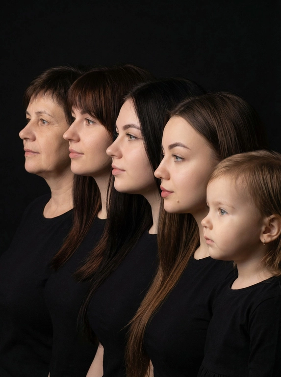 Профессиональный студийный портрет с низким контрастным светом. Головы расположены строго в одну линию. боковой профиль, взгляд влево. У всех видны только головы и немного плечи. Головы занимают весь кадр. Черный фон. Черная одежда у всех. Расположи их по убыванию возраста.