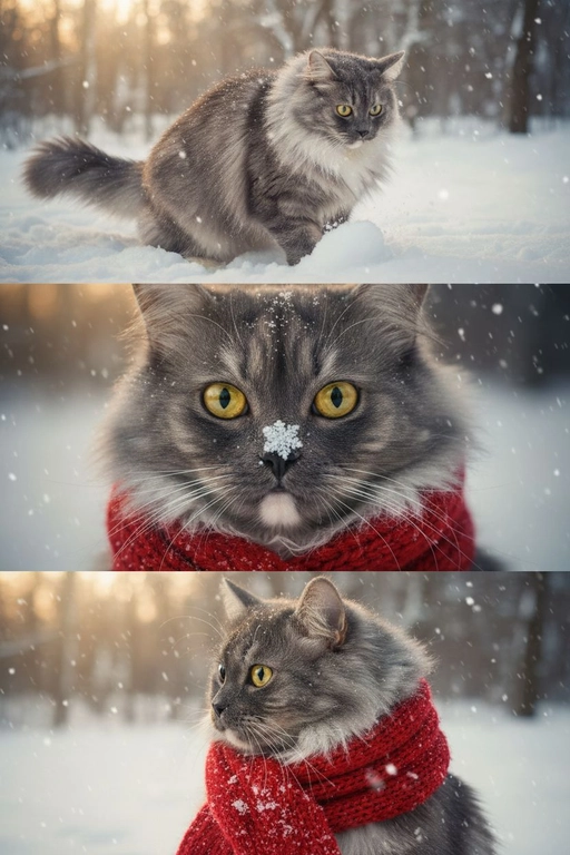     Коллаж из 3-Х фото моего питомца на зимнем фоне в снегу. Питомец в вязаном шарфе, вокруг падает снег, на заднем плане заснеженный лес.

Первый кадр — питомец в полный рост. Он играется со снегом 

Второй кадр — крупный план, увеличенный кадр мордочки питомца с одной снежинкой на носике. Мордочка питомца занимает весь кадр, взгляд прямо в камеру 
 
Третий кадр - портрет питомца, он смотрит в левую сторону. На фото виден шарф, на шарфу есть снежинки 

Три кадра объединены в вертикальный коллаж в едином тоне и свете. Атмосфера — реалистичная, теплая и немного кинематографичная.
Свет мягкий, утренний.  Цвет шарфа - красный 