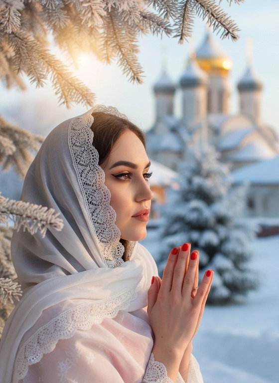 Создай портрет, не меняя черты лица. Черты лица в точь точь как на фото. Профессиональный макияж и прическа. Фотопортрет крупным планом женщины в полу профиль, ладони сложены вместе в молитвенном или мирном жесте. На ней изысканный белый полупрозрачный  платок, покрывающий голову.  На заднем плане — размытый силуэт православного храма с золотыми куполами под заснеженными крышами. Зимнее утро, мягкий солнечный свет пробивается сквозь ветви ели, покрытые инеем. Высокая детализация кожи, текстуры кружева и снега. Атмосфера чистоты и духовности, гиперреализм, 8k. Реалистичные текстуры зимней одежды и хвои в инее.