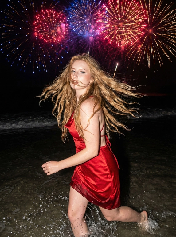   Экстремально крупный план лица Женщина бежит в море по колено ночью, её волосы свободно распущены и красиво уложены в лёгкие волны, которые ловят свет от ярких фейерверков в небе. Лицо полубоком к камере Волосы развеваются на ветру, создавая стильный и непринуждённый образ. Она в движении Фото со вспышкой ночью. На ней атласное красное платье с открытой спиной
Фейерверки взрываются над ней в реалистичных, слегка приглушённых цветах, освещая всё ночное небо. Небо заполнено яркими вспышками красного, синего и золотого, создавая волшебное свечение. Пляж спокойный, с лёгкими волнами, которые касаются её ног. Атмосфера, мечтательная и полная энергии.
