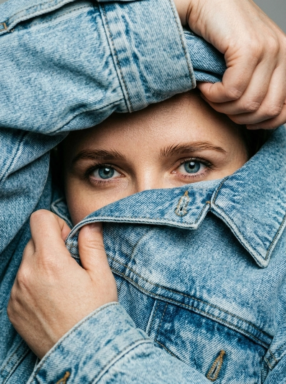 Экстремально крупный фотореалистичный fashion editorial портрет. Камера очень близко к лицу, плотный кадр, ракурс почти на уровне глаз с лёгким верхним углом. Модель не стоит прямо, а будто прячется внутри объёмной светло-голубой джинсовой куртки. Поза читается только через руки, лицо и ткань.

Весь кадр заполнен джинсой и руками. Сверху большой слой денима нависает над бровями, снизу поднятый воротник диагонально закрывает лицо до переносицы. Видны только глаза, брови, переносица и небольшой участок кожи вокруг глаз. Рот, подбородок, щёки, шея и причёска скрыты. Волосы почти не видны, максимум лёгкая тень у линии роста волос.

Одна рука сверху справа держит верхний край джинсовой куртки, частично обрезана кадром. Вторая рука снизу слева подтягивает воротник ближе к лицу. Пальцы естественно сжимают плотную ткань, создавая натяжение, складки и объём. Композиция тесная, асимметричная, с диагональными линиями ткани вокруг глаз.

Деним главный элемент кадра: светло-голубая washed denim ткань, плотная, матовая, тяжёлая, с выраженной фактурой, видимым плетением, мягкими потёртостями, заломами, массивными швами и контрастной строчкой. Джинсовая куртка выглядит натурально, объёмно и очень близко к камере.

Глаза смотрят прямо в камеру из-под бровей. Взгляд спокойный, глубокий, уверенный и слегка загадочный. Один глаз немного в тени, второй более чёткий и освещённый. Макияж глаз аккуратный: тонкая вытянутая стрелка, лёгкий cat-eye эффект, подчёркнутые ресницы, натуральные брови. В глазах живые естественные блики.

Кожа вокруг глаз реалистичная, с натуральной текстурой, мягкими порами и естественными бликами. Без пластикового сглаживания, без чрезмерной ретуши, без AI-эффекта.

Освещение мягкое, естественное, слегка контрастное, как в дорогой editorial-съёмке. Свет подчёркивает глаза, переносицу, руки, швы и складки денима. Тени глубокие, но натуральные. Цвета спокойные и реалистичные: светло-голубой деним, нейтральный тон кожи, мягкие тени.

Фон полностью отсутствует. В кадре только джинсовая ткань, руки и узкий фрагмент лица. Ultra realistic close-up, luxury denim editorial, natural film grain, shallow depth of field, soft sharpness, high detail, realistic skin texture, realistic denim texture, no CGI, no plastic skin, no over-retouching.

Negative prompt: visible hairstyle, loose hair, open face, full face, mouth visible, chin visible, neck visible, full body, standing pose, normal jacket pose, symmetrical framing, empty background, studio backdrop, glossy denim, plastic skin, AI smoothing.