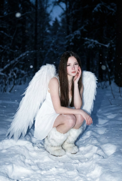  Создай фото человека на основе загруженной фотографии.
Белое платье без рукавов, пушистые белые сапоги, большие белые крылья, опущенные вниз, шире плеч.
Сидит на корточках на снегу, рукой касается щеки. На заднем плане заснеженный лес.
Ночная улица, тёмный размытый фон, вспышка.
Мягкое нечеткое фото: шум, зерно, лёгкое размытие, холодная атмосфера.