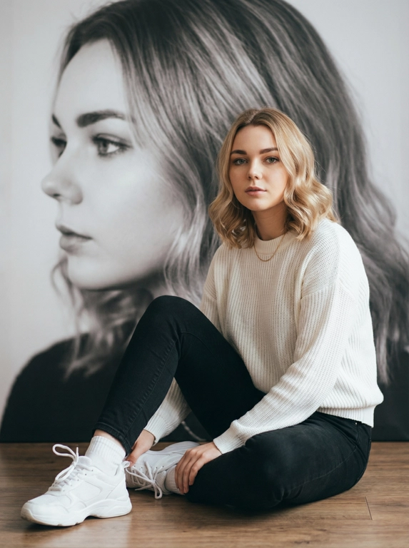   Максимально сохранить внешность, причёску и длину, как на фото. Волосы светлые,мелированные. 
Женщина должна сидеть на полу в изящной позе, в современном белом джемпере , обтягивающих чёрных джинсах и, белых носках и белых спортивных кроссовках.

Её волосы как на фото
Выражение лица, как на фото, она смотрит на камеру .

Фон — тот же её профиль, в мягком крупном чёрно-белом художественном стиле, крупный план сбоку.

Композиция должна быть художественной, мягкой, реалистичной.
Создай изображение, которое выглядит как настоящая фотография.