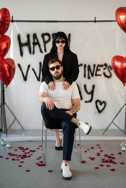 Фотореалистичная редакционная фотосессия пары ко Дню святого Валентина в студии. Фотозона как на референсе: белая студия с прозрачной плёнкой, натянутой на стойках. На плёнке — красные граффити-надписи "Happy Valentine's Day" и сердца в стиле спрей-арта, создающие дерзкий и контрастный фон. По бокам — студийные стойки и красные воздушные шары в форме сердца, на полу разбросаны красные лепестки роз. Атмосфера — современная, fashion, с лёгким арт-хаосом.

Поза и композиция: Крупный план до бедер, мужчина сидит на стуле по центру кадра в позе нога на ногу, уверенная расслабленная поза, его голова немного наклонена в сторону. Девушка стоит за ним, близко, её руки лежат на его плечах или слегка касаются шеи. Между парой ощущение близости и доминирующей, уверенной энергии девушки.
Одежда:
— Мужчина: белая футболка без принтов, тёмные брюки, белые кроссовки. Тёмные очки как fashion-акцент.
— Девушка: чёрный пиджак свободной посадки. Тёмные очки как fashion-акцент.
Выражения лиц: мужчина смотрит в камеру уверенно и спокойно. Девушка смотрит в камеру или слегка сверху вниз, с холодной, контролируемой эмоцией.
Свет: жёсткий студийный свет с акцентом на лица и текстуры, чёткие тени, высокий контраст.
Композиция: вертикальный кадр, пара по центру, фон полностью читается.
Стиль: фотореализм, модная редакционная съёмка, высокая детализация, современный fashion-editorial.