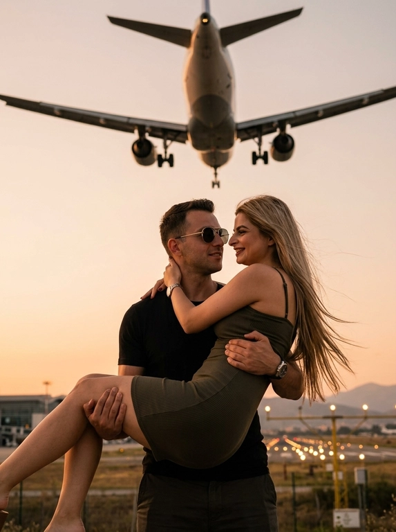Низкий ракурс (low angle), съемка чуть снизу с эффектом присутствия, словно фотограф быстро поймал момент на улице возле аэропорта.
Объектив 24–35mm с естественными широкоугольными искажениями по краям кадра.
Камера слегка наклонена, создавая эффект спонтанного живого кадра.
В верхней части кадра — огромный пассажирский самолет, заходящий на посадку прямо над парой.
На фоне: закатное небо, размытые силуэты терминала, взлетная полоса, городские огни и далекие горы.
АТМОСФЕРА:
Эмоция случайно пойманного интимного момента во время путешествия.
Кадр выглядит как дорогая lifestyle-фотография, снятая «между дублями», а не идеально выстроенная постановка.
Ощущение ветра, движения, шума самолета и теплого вечернего воздуха.
ПОЗА:
Мужчина держит женщину на руках чуть неровно и естественно, как в реальной жизни.
Она мягко улыбается, обнимая его за шею.
Их лица очень близко — момент за секунду до поцелуя.
Положение рук и ног слегка асимметричное и живое.
Волосы и платье слегка двигаются от ветра и потока воздуха от самолета.
ВНЕШНОСТЬ:
Максимально естественная анатомия и пропорции тел.
Без «идеальной» симметрии.
Живые эмоции, микронапряжение мышц, натуральные позы.
ОДЕЖДА:
Мужчина: черная футболка и темные брюки/шорты с естественными складками ткани.
Женщина: облегающее мини-платье кофейного или темно-оливкового оттенка на тонких бретелях.
Ткань слегка натягивается и движется от ветра, реалистично повторяя форму тела.
АКСЕССУАРЫ:
Солнцезащитные очки-авиаторы с натуральными отражениями закатного света.
Металлические часы и браслет с реалистичными бликами и микроцарапинами.
СВЕТ:
Настоящий golden hour.
Мягкий теплый контровой свет от заката.
Солнце почти за горизонтом создает естественный rim light по контуру тел, волос и самолета.
Небо насыщенное, с плавным переходом оранжевых, розовых и золотистых оттенков.
Свет неидеальный: присутствуют легкие пересветы и глубокие тени, как в настоящей фотографии.
САМОЛЕТ:
Крупный современный пассажирский авиалайнер максимально реалистичен.
Видны шасси, закрылки, детали двигателей, огни посадки.
Самолет слегка размыт в движении, создавая эффект настоящего пролета над головой.
REALISM:
Максимально реалистичная живая фотография.
Натуральная текстура кожи без пластиковой ретуши.
Реалистичная работа камеры: — легкий motion blur
— subtle film grain
— natural lens distortion
— realistic dynamic range
— случайные световые блики (lens flare)
— небольшая неидеальность кадрирования
ЦВЕТОКОР:
Кинематографичный travel aesthetic color grading.
Теплые закатные оттенки, глубокие тени, мягкий контраст.
Цвета выглядят натурально, как у дорогой камеры Sony/Canon cinematic look.
ФОРМАТ: ultra realistic candid photography, cinematic travel moment, luxury lifestyle aesthetic.