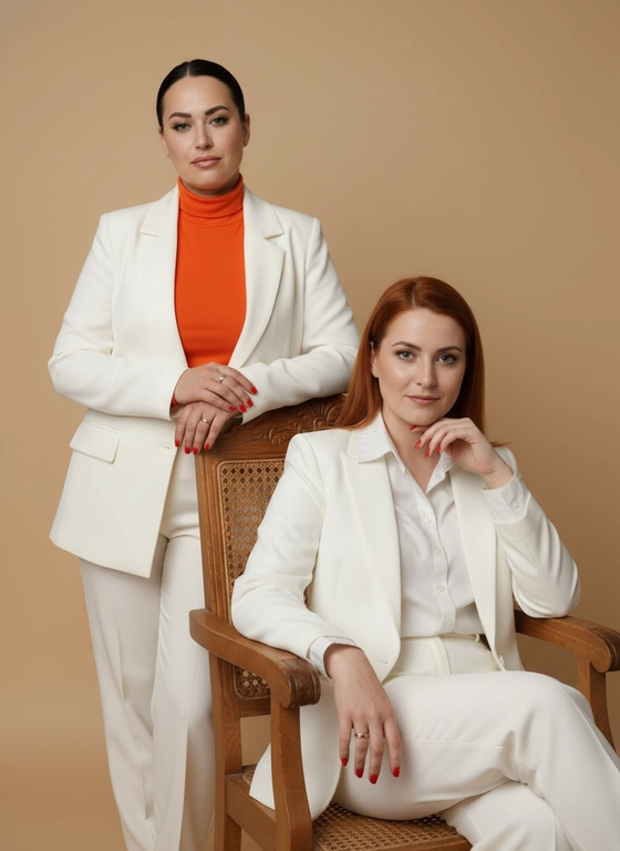 На фоне бежевого цвета изображены две женщины.
Женщина слева стоит, опираясь на спинку деревянного кресла с плетением. Она одета в белый брючный костюм поверх оранжевой водолазки. У неё тёмные волосы, собранные сзади, и яркий макияж. На руках видны кольца, а ногти накрашены красным лаком.
Женщина справа сидит в этом же кресле. Она одета в белый брючный костюм с белой рубашкой. У неё рыжие волосы средней длины и макияж. Она подпирает подбородок рукой, на пальце заметно кольцо, а ногти также накрашены красным лаком.
Обе женщины смотрят в камеру.
