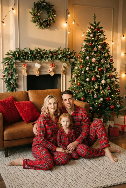   Создай трогательный кадр из профессиональной фотосессии в студии, где запечатлен момент семейной близости. Люди на фото могут быть как взрослыми так и детьми, в зависимости от предоставленных фото. Сделай так, чтобы все они смотрелись гармонично и трогательно. Фото в стиле Энни Лейбовиц, четкий фокус.

Люди в расслабленных позах на низком коричневом кожаном диване и на плотном светлом вязаном ковре. Естественные прически и минимальный макияж. 

Студия украшены в рождественском или новогоднем стиле, рядом с диваном стоит елка, позади дивана камин. Каминная полка украшена еловой гирляндой, шишками и маленькими рождественскими носочками. На диване красные декоративные подушки. В студии висят теплые гирлянды и мягко светятся.  

На фото видно лица людей и они смотрят в камеру.
 
Освещение мягкое, естественное, теплое, в стиле "Золотой час", мягкие тени, камера на уровне глаз, теплый цветовой грейд (золотисто-коричневые тона), натуральные оттенки, тонкая ретушь, мягкая пленочная текстура, атмосфера уюта, семейного тепла и близости. Одежда в стиле классических красных пижам в клетку 