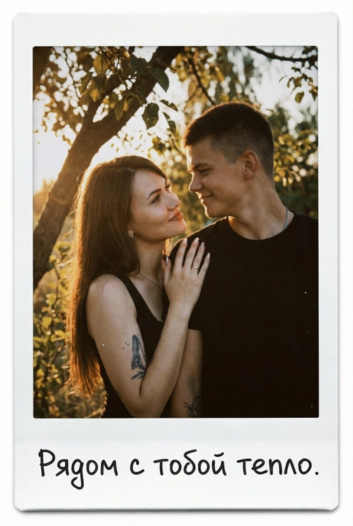 Портрет пары в мягком золотом вечернем свете, они влюбленно смотрят друг на друга у дерева, спокойный, тёплый, естественный. Ее рука у мужчины на плече. Фото оформлено в виде полароидного снимка: белые широкие поля, характерная матовая текстура, лёгкая виньетка, зернистость. На нижнем поле — короткая надпись маркером рукописным шрифтом. Текст на полароиде: Рядом с тобой тепло.