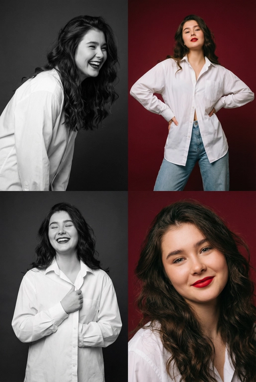 Коллаж из четырёх студийных портретов одной женщины, расположенных в сетке 2×2. Не меняй внешность, цвет и текстуру волос. Все кадры сняты в модном editorial-стиле. Образ — естественная красота, лёгкая небрежность, живые эмоции.
Женщина имеет естественный макияж с акцентом на красные губы. На ней белая очень свободная рубашка мужского кроя на несколько размеров больше, частично расстёгнутая, подчёркивающая линию декольте. В отдельных кадрах она слегка придерживает рубашку руками.
Эмоции и позы:
Верхний левый кадр — чёрно-белый, она наклоняется вперёд, смеётся, взгляд в сторону, живой момент.
Верхний правый — цветной, красный студийный фон, руки на бёдрах, уверенный фэшн-портрет. Снято с нижнего ракурса. Видно часть ее светлых джинс.
Нижний левый — чёрно-белый, она смеётся с закрытыми глазами, держит рубашку у груди, расслабленная поза.
Нижний правый — цветной, крупный портрет, легкая улыбка, слегка наклонила голову в сторону, тёплая улыбка, акцент на губах.
Фон: для цветных кадров — глубокий красный студийный фон, для чёрно-белых — нейтральный тёмный фон.
Освещение: мягкий студийный свет, подчёркивающий текстуру кожи, волосы и складки рубашки. Без жёстких теней.
Композиция: кадры слегка разные по ракурсу, создают ощущение живой съёмки backstage.
Стиль: fashion editorial, lifestyle, natural sexy, cinematic soft light, analog photo vibe, magazine photoshoot, ultra realistic, high detail, skin texture visible, 8k.

Волосы распущены и уложены в объемную естественную укладку