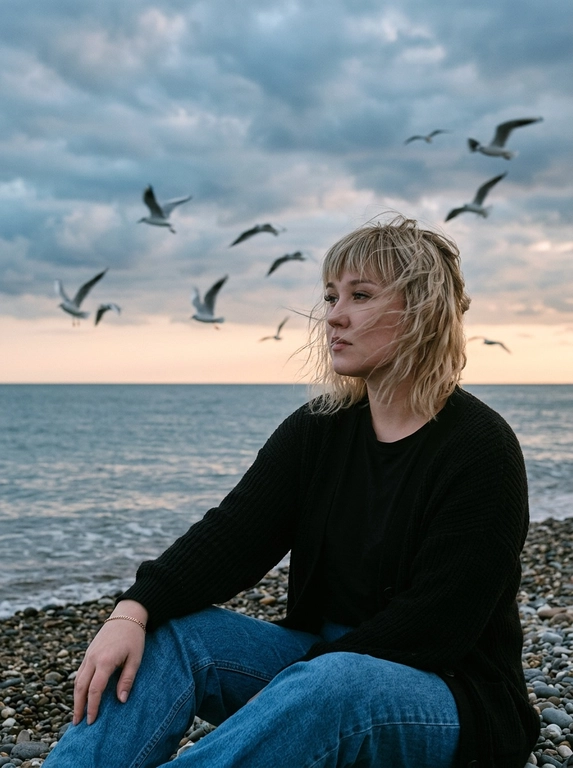 Сохранить внешность 1:1 - лицо, черты, пропорции, возраст, текстуру кожи; фото - единственный эталон. формат 3:4. Атмосферная морская сцена на закате: драматичное облачное небо, холодные голубо-серые оттенки с мягким персиковым у горизонта. Модель сидит боком на гальке у линии прибоя, корпус развернут к морю, взгляд в сторону моря. Ветер растрёпывает волосы, лицо частично перекрыто прядями (волосы развиваются ТОЛЬКО ЕСЛИ они длинные, прическа сохраняется с фото 1:1). в небе летают чайки, часть с лёгким motion blur. Одежда: чёрная базовая футболка, чёрный вязаный кардиган свободной посадки, свободные синие джинсы прямого кроя. Съёмка на винтажную плёночную камеру Kodak, объектив 35mm. Цвет в стиле Kodak Portra 400: матовые тени, мягкий контраст, натуральная цветопередача, лёгкая десатурация, выраженное плёночное зерно. Editorial-композиция, высокий фотореализм, 4K.