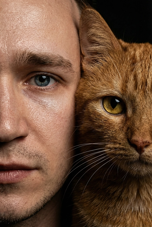   создай портрет, не меняя черты лица. Крупный план (extreme close-up) двух лиц людей, их лица прижатых друг к другу. Видны только половины каждого лица.
Драматичное освещение в стиле чиароскуро, глубокие тени.
Невероятная детализация кожи: видны поры, текстура, естественный блеск у женщины.
Выразительный взгляд прямо в камеру. Высокое разрешение, макросъемка, профессиональное студийное фото, 8K.