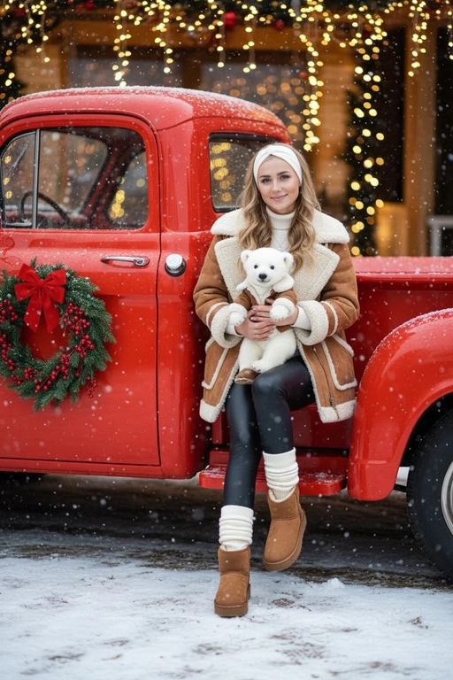 Портрет молодой женщины, сидящей на кузове винтажного красного грузовика. Девушка держит на руках животное. На ней коричневая дубленка с белой окантовкой из овчины по воротнику, манжетам и карманам, под дубленкой белый свитер с горловиной, черные лосины тканевые без блеска, на ногах укороченные, высотой до щиколоток коричнево-бежевые угги на платформе и кремовые гетры до середины икр, выглядывающие из уггов. 
Девушка смотрит в камеру, на ее лице легкая улыбка. 

На грузовике — праздничный рождественский венок. На земле лежит снег.

Мягкий снег падает. Атмосфера — реалистичная, теплая и немного кинематографичная. Сияющие рождественские огоньки и украшения создают яркую теплую атмосферу. Разрешение 8K, акцент на текстуру одежды, снег и сверкающие огоньки на заднем фоне. —ar 3:4 —v.

Не меняй черты лица.  На голове девушки белая повязка. Держит на руках белого медвежонка, в теплом белом свитере и коричневой дубленке, лосины черные и коричневые Уги белые длинные носки 