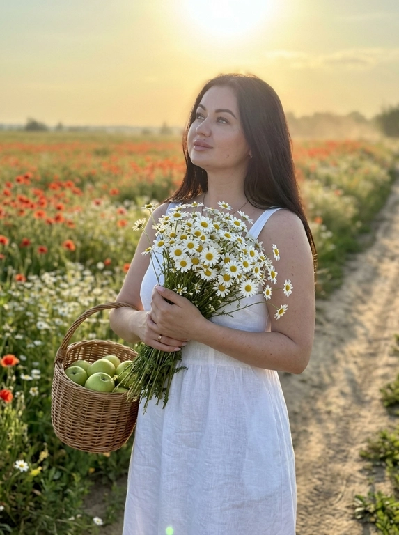 Ультрареалистичное лайфстайл-фото, снятое как на iPhone 17 Pro, загородная дорога уходящая в перспективу среди цветущих маковых полей на закате, тёплый золотой свет, мягкий контровый свет по контуру тела, естественное боке на заднем плане, лёгкая дымка в воздухе, женщина в кадре по бёдра, полуоборот 3/4 влево, корпус прямой, плечи расслаблены и опущены, правое бедро слегка отведено назад создавая естественную линию тела, подбородок немного приподнят, взгляд направлен в сторону солнца, спокойное мечтательное выражение, у груди большой живой букет ромашек, правая рука мягко обнимает букет, левая держит стебли снизу, в другой руке плетёная корзинка с зелёными яблоками, лёгкое короткое платье на тонких бретелях с воздушной юбкой слегка движущейся от ветра, натуральный макияж с мягкими бежевыми тенями, тонкой чёрной стрелкой, длинными густыми ресницами и винным тинтом на губах, живая текстура кожи, естественный закатный свет с тёплыми бликами и мягкими тенями без жёстких провалов, натуральные цвета с лёгкой тёплой тональностью, минимальная обработка без ретуши кожи, максимальный реализм, лёгкая глубина резкости, фокус на лице и букете, фон мягко размывается


Цвет платья: Белое