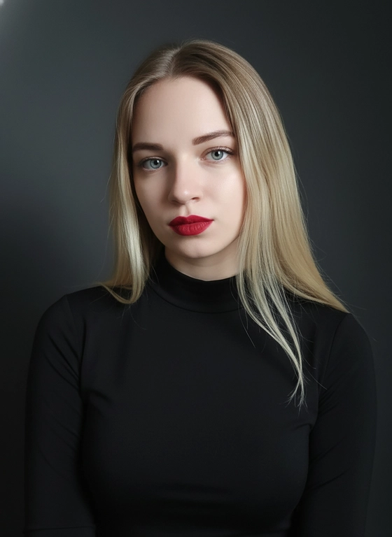 Ultra high-resolution professional fashion photograph of a woman, maintaining exact facial features, eye color, hair color and skin tone from reference, shot in soft studio-style side lighting creating gentle shadows and smooth highlights on the face, close-up portrait framed from chest up with a slightly elevated straight-on angle and ample headroom, minimalist dark blurred background in cool grey-black tones for strong subject separation, woman wearing a sleek black high-neck fitted top with smooth matte fabric, lips elegantly painted with bold red lipstick, overall mood calm, mysterious and refined, cool muted color palette with deep blacks and subtle neutral tones, shallow depth of field, creamy bokeh, ultra-detailed skin texture, no visible noise, 8K, crisp sharp focus on eyes, professional photography, editorial magazine quality.