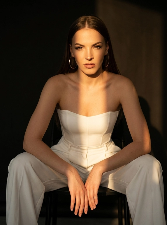 Фотореалистичная fashion-фотография женщины, внешность и черты лица максимально точно сохранить по загруженному референсу, возраст не менять. Женщина сидит в расслабленной уверенной позе на современном чёрном кресле, ноги широко расставлены, корпус слегка наклонён вперёд, предплечья лежат ближе к коленям, кисти рук свободно соединены перед собой. Минималистичная тёмно-серая студия, вокруг почти нет декора.

Главный художественный акцент — узкая полоса тёплого закатного солнечного света, проходящая диагонально через лицо, плечо и верхнюю часть груди. Одна часть лица ярко подсвечена золотистым солнцем, другая остаётся в глубокой мягкой тени. Очень выразительный светотеневой рисунок, cinematic chiaroscuro, драматичный контраст, глубокие тени, тёплые блики на коже. Спокойный уверенный взгляд прямо в камеру, слегка серьёзное выражение лица. Реалистичная кожа с естественной текстурой и порами, без пластиковой ретуши. Editorial fashion photography, luxury minimalism, cinematic mood, 50mm lens, f/2.0, ISO 100, высокая детализация, натуральные пропорции тела.

Какая будет одежда?: На женщине белый облегающий корсетный топ без бретелей с чёткими вертикальными швами и свободные белые брюки с высокой посадкой. Образ выглядит чисто, минималистично и дорого, с акцентом на графичный силуэт и контраст света и тени.
