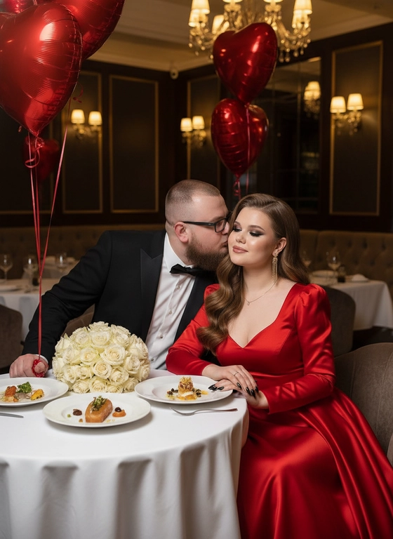 Не меняй черты лица 
Используй загруженное селфи как точную визуальную основу. Лицо 100% узнаваемое, без изменения анатомии, пропорций, кожи, глаз, губ, бровей и волос.
Мужчина целует женщину в щеку, на нем черный смокинг. 
Девушка в красном шелковом вечернем платье по фигуре, золотые украшения, черные длинные ногти. Волосы длинные и красиво уложены волнами. Черный Смоки на глазах и пухлые губы нюдовая помада. 
Они сидят за столом в шикарном ресторане, стоят красивые блюда и шикарный огромный букет белых роз на столе. За парой несколько красных Шаров сердечек. Девушка счастливая, немного смущается, поза непринужденная и романтичная. 
Pinterest aesthetic, life photography , высокое качество, теплый интимный пресет