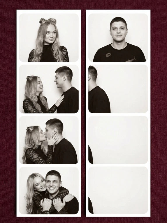 A girl and a man exactly as in the reference photo, faces, features, oval face, shape of eyes, nose, lips, eyebrows, hairstyle — everything is absolutely identical to the reference photo\. The girl is exactly like in the reference photo\. The man is exactly like in the reference photo\. Girl: beautiful studio makeup, loose shiny hair, dressed in a tight black top with lace sleeves and a high collar\. Man: wearing a black oversized T\-shirt\. Two vertical photographic films from the photo booth next to each other on a maroon fabric background\. The films are located very close, with a narrow burgundy gap between them\. The smooth white edges of each film are visible, the corners of the frames are rounded\. Everything is black and white with a light warm sepia shade, soft film grain\. Left film, 4 frames from top to bottom: Frame 1: The girl is alone, a close\-up of her chest, her head slightly turned to the right, a flirtatious smile, a glance to the side\. White background\\\. Frame 2: A girl and a man are facing each other\. The girl on the left, laughing, touches his chest with her hand\. The man on the right is turned towards her, his figure goes beyond the edge of the frame into the right\-hand film\. White background\\\. Frame 3: A girl and a man kissing\. The girl on his left, her hand on his cheek\. The man's figure is cut off by a gap — it continues in the right film\. White background\\\. Frame 4: A girl hugs a man from behind, pressed her cheek against his cheek, her arms wrap around his neck\. Both are smiling broadly\. The figure of the man goes into the right film\. White background\\\. Right film, 4 frames from top to bottom: Frame 1: A man alone, close\-up to his chest, looking directly at the camera, a calm half\-smile\. White background\\\. Frame 2: Continuation of the scene from the left frame 2 — the man's back and shoulder are visible in profile, he is turned towards the girl\. Most of the frame is an empty white background\. The feeling of a random frame from a photo booth\. Frame 3: An empty white frame with rounded corners\. Frame 4: An empty white frame with rounded corners\. The arrangement of people in one\-on\-one frames as in the \\\-reference\\ photo\. Each frame is unique, not a single frame is repeated\. The girl and the man are exactly like in the reference photo\. The photo was taken on a Canon camera with a flash\.
Negative promt: Repeating identical frames, duplicating the same scene, copies of frames, identical photos in different windows, clones of people in the same frame, two identical faces in the same window, mirror reflections, extra hands, extra fingers, deformity of the face and body, changing facial features, another face, color photo, bright colors, text, watermarks, logos, low quality, pixelation, cartoon style, 3D rendering, anime\.