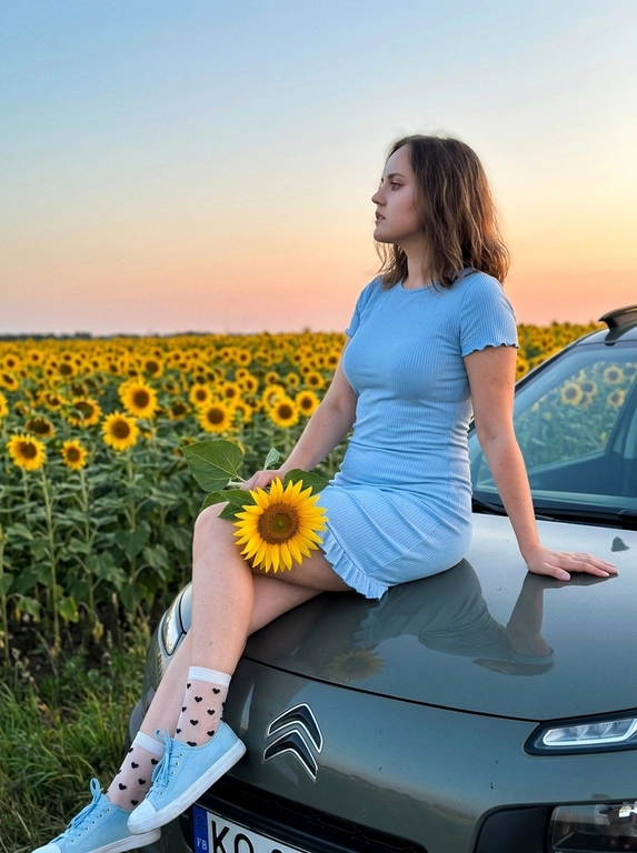 Реалистичное фото модели, сидящей на капоте черного автомобиля на фоне поля подсолнухов во время заката. Она одета в голубое облегающее платье с короткими рукавами и оборкой внизу. На ногах белые прозрачные носки с принтом черных сердечек и голубые кроссовки. Она сидит боком, одна нога согнута в колене и поднята, другая опущена вниз, одна рука опирается на капот автомобиля. На колене она держит большой яркий подсолнух с зеленым листом. Лицо в профиль, взгляд направлен в сторону, выражение спокойное и задумчивое. макияж естественный. На фоне бескрайнее поле цветущих подсолнухов и небо с градиентом от голубого к теплому оранжево-розовому на горизонте. Мягкий свет заката. Качество снимка как у iPhone 15 — лёгкий цифровой шум, мягкая резкость, лёгкая зернистость, придавая живой стиль реалистичного случайного снимка из соцсетей.

Какая будет машина?: Серо-зеленый Ситроен с4