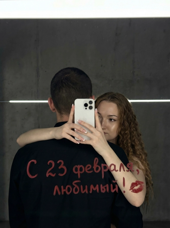 Ультрареалистичное кинематографичное зеркальное селфи пары. Строго сохранить лица из референса без изменений: возраст, пропорции, форму глаз, носа и губ, текстуру кожи, линию подбородка. Не изменять черты лица.

Локация: Серый лофт, low-key атмосфера.

Композиция: мужчина стоит спиной к камере, его лицо полностью не видно (back fully facing camera); за его спиной женщина обнимает его и снимает зеркальное селфи. Она держит белый смартфон Apple iPhone 16 Pro двумя руками. Фокус на руках и телефоне, френч квадратный маникюр. Физически корректное зеркальное отражение, без искажений..

Образ девушки: безупречный макияж, лёгкое сияние кожи.

Свет и стиль: подсветка от зеркала сверху-спереди, мягкие тени, тонкая горизонтальная световая линия на фоне. 50-85 мм, f/2-2.8, малая ГРИП; киноконтраст, плёночное зерно, high-end editorial, 8K.

Сцена полностью показана через отражение в зеркале, единственный источник изображения  — это отражение.

Ваша надпись красной помадой на зеркале: С 23 февраля, любимый!💋

Ваша одежда: Мужчина и женщина одеты в чёрной рубашке;