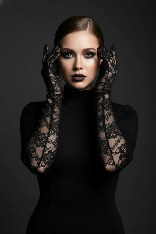 На моей фотографии крупным планом изображена гламурная женщина на темно-сером фоне, в прозрачных чёрных перчатках и чёрном платье. Она позирует, обрамляя лицо руками, отбрасывая на глаза эффектные тени. Яркий макияж глаз с аккуратной подводкой, гладкая и безупречная кожа, кинематографическое освещение, стиль высокой моды, атмосфера таинственности и соблазнительности. 