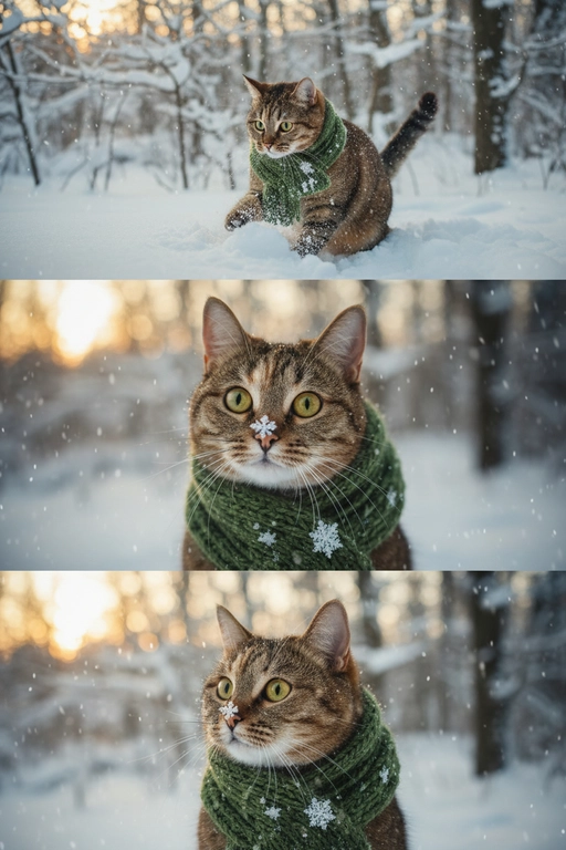     Коллаж из 3-Х фото моего питомца на зимнем фоне в снегу. Питомец в вязаном шарфе, вокруг падает снег, на заднем плане заснеженный лес.

Первый кадр — питомец в полный рост. Он играется со снегом 

Второй кадр — крупный план, увеличенный кадр мордочки питомца с одной снежинкой на носике. Мордочка питомца занимает весь кадр, взгляд прямо в камеру 
 
Третий кадр - портрет питомца, он смотрит в левую сторону. На фото виден шарф, на шарфу есть снежинки 

Три кадра объединены в вертикальный коллаж в едином тоне и свете. Атмосфера — реалистичная, теплая и немного кинематографичная.
Свет мягкий, утренний. Цвет шарфа - зеленый