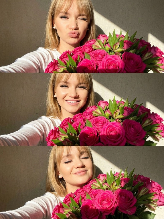 Селфи фронтальная камера, вертикальный коллаж 3 кадра (стопкой): белый топ с длинным рукавом, жемчужные серьги-гвоздики.
В каждом кадре огромный букет цветов. 1) duck face + подмигивание в камеру, 2) уверенная улыбка в камеру, 3) улыбка с закрытыми глазами, безмятежное счастье. Жёсткий солнечный свет справа, высокий контраст, резкие тени, светлая нейтральная текстурная стена, lifestyle aesthetic.

Какие будут цветы?: В каждом кадре огромный букет фуксиевых роз + зелёные альстромерии.
