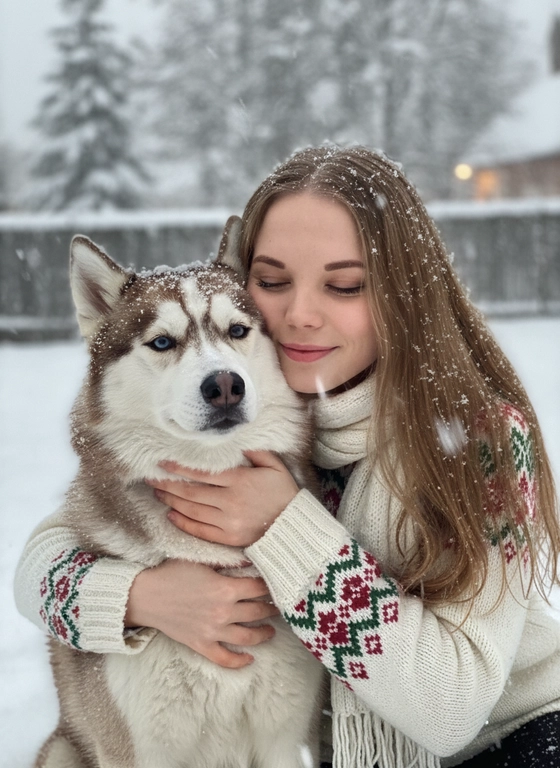 Соответствие лица: сохраняйте точные черты лица, структуру костей, разрез глаз, форму губ, текстуру кожи и оттенок по загруженной фотографии, максимально соответствует индивидуальности] -> Человек с мягкой улыбкой, полузакрытыми от счастья глазами -> нежно обнимает собаку, щека прижата к пушистой шее собаки, обе руки обвиты вокруг груди и шеи собаки, снежинки тают на шерсти и волосах., нежное, любящее выражение лица -> в кремово-белом толстом свитере скандинавской вязки с традиционным красно-зеленым рождественским рисунком на рукавах и воротнике,  в белом вязаном шарфе, свободно повязанном на шее -> на улице в сильный снегопад. В кадре видно морду собаки. Собака породы сибирский хаски.