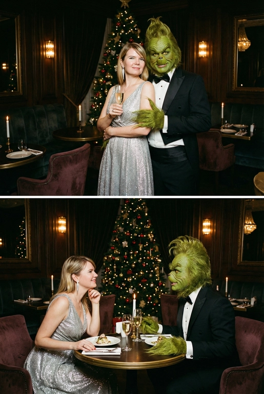 Создай 2 фото, одно под другим. У всех фото фон - темный, дорогой ресторан, видна рождественская елка. Снято на пленочный фотоаппарат, зернистость. Атмосфера ретро, 90-е годы. Верхнее фото: Женщина изящно позирует в серебристом блестящем вечернем платье с бокалом в руке, рядом со ней стоит Гринч в смокинге и приобнимает ее за талию. Нижнее фото: ракурс боковой, женщина и Гринч сидят друг на против друга за столиком в ресторане, женщина в серебристом блестящем вечернем платье, Гринч в смокинге. Живое фото, женщина томно улыбается, он смотрят друг другу в глаза. Не меняй внешность человека, не добавляй никаких рамок и расстояний между фото.