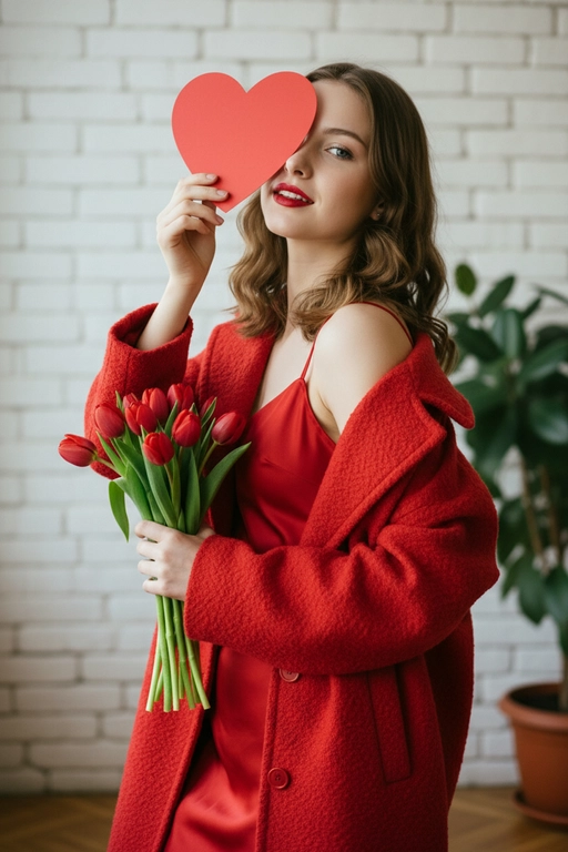 Профессиональная модная фотография в сверхвысоком разрешении, на которой женщина держит большой красный предмет в форме сердца, прикрывающий один глаз, и сжимает букет красных тюльпанов. Максимально сохранить все черты лица, сохраняя точные черты лица по образцу, мягкое естественное боковое освещение слева. нежные тени, портрет в три четверти с небольшим наклоном вверх, элегантное красное платье-комбинация на тонких бретельках под открытым текстурированным красным пальто оверсайз, уверенный игривый взгляд и ярко-красные губы, романтическое настроение, теплая красно-зеленая палитра на фоне белой кирпичной стены, бьюти-снимок из журнала, небольшая глубина резкости, четкий фокус на лице, Сверхдетализированная профессиональная фотография в формате 8K.