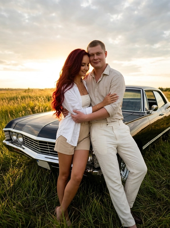 Фотореалистичная lifestyle-фотография пары на природе в эстетике luxury editorial с лёгким вайбом old money. Мужчина и женщина стоят у передней части автомобиля, припаркованного в высокой траве на открытом поле. Сохранить позу, ракурс и композицию как на референсе: автомобиль стоит под углом 3/4 к камере, хорошо видна передняя часть кузова и боковая линия, пара стоит вплотную у переднего крыла и капота.

Мужчина слегка опирается спиной и бедром о переднюю часть автомобиля, корпус расслаблен, одна нога опорная, вторая слегка согнута и выставлена вперёд. Он обнимает женщину обеими руками за талию и спину, мягко прижимая к себе. Голова слегка опущена и наклонена к женщине, взгляд направлен на неё.

Женщина стоит вплотную к мужчине, корпус слегка развёрнут к нему и мягко прижат. Голова слегка наклонена к мужчине и почти касается его груди или подбородка. Поза близкая, спокойная и романтичная. Положение пары должно быть максимально похоже на референс: тесный телесный контакт, объятие у передней части машины, расслабленная естественная стойка.

На мужчине дорогой образ в стиле quiet luxury и soft old money: свободная рубашка из премиального льна или тонкого хлопка в светлом благородном оттенке, с мягкой фактурой и небрежно закатанными рукавами, верхние пуговицы слегка расстёгнуты. Светлые прямые брюки с защипами из дорогой летней ткани, идеальная расслабленная посадка. На ногах минималистичные кожаные лоферы или замшевые мокасины. Образ выглядит сдержанно, статусно и очень дорого.

На женщине дорогой летний образ в эстетике old money casual: белая свободная рубашка из тонкого льна, небрежно накинутая и слегка расстёгнутая, под ней лаконичный облегающий топ-бандо или минималистичный корсетный верх. Снизу — светлые структурные мини-шорты или короткие tailored shorts с высокой посадкой из плотной премиальной ткани. Образ дополняют изящные украшения и дорогой расслабленный силуэт. Одежда выглядит премиально, естественно и очень стильно, без лишней вычурности.

Съёмка проходит на открытом поле с высокой зелёной травой. Время суток — золотой час на закате. Солнце низко у горизонта справа в кадре и создаёт тёплое золотисто-оранжевое свечение. Свет мягко подсвечивает фигуры, волосы, траву и кузов автомобиля. Небо частично покрыто облаками.

Камера расположена на уровне глаз или чуть ниже, ракурс фронтальный, слегка смещён влево, как на референсе. Средний вертикальный кадр. В кадре видны пара почти в полный рост, передняя часть автомобиля, высокая трава и закат на заднем плане.

Тёплая благородная цветовая палитра: золотой закатный свет, натуральные тона кожи, мягкая зелень травы, светлые дорогие оттенки одежды, мягкие тени и премиальные отражения на кузове. Атмосфера спокойная, уединённая, романтичная и кинематографичная. Стиль максимально реалистичный: luxury lifestyle, quiet luxury, soft old money mood, romantic sunset couple portrait, high detail, authentic natural moment, Pinterest luxury aesthetic, ultra realistic.

Какой будет автомобиль?: черный седан Chevrolet Impala Sport Sedan 1967 года выпуска

Доп. характеристики: У молодой женщины очень длинные густые волосы, концы волос закручены в воздушные локоны, цвет волос глубокий рыжий, молодая женщина с загаром.
